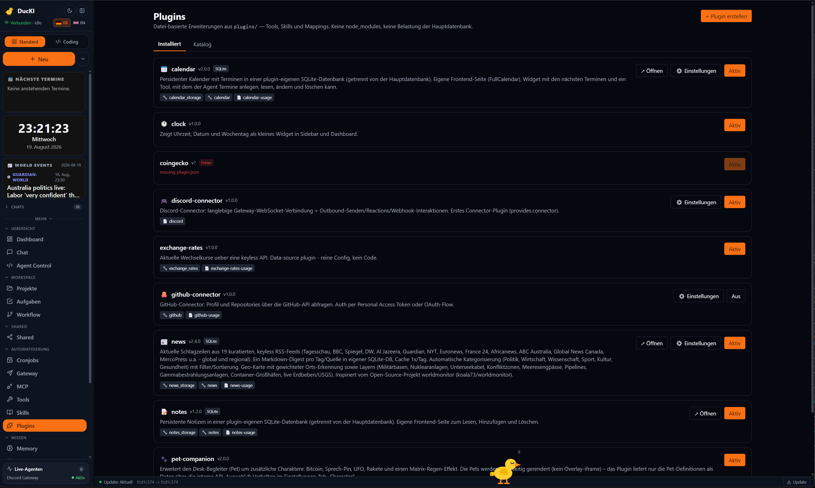 Plugin-Seite mit eingebettetem Frontend